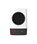Front view of Your Own Mini Personal Ceramic Space Heater For Home And Office, 400W Quick Heat, Energy Efficient, Overheat Protection, Compact 6.2 Inch White Desk Heater For Bedrooms, Workstations, And Small Spaces showing controls.
