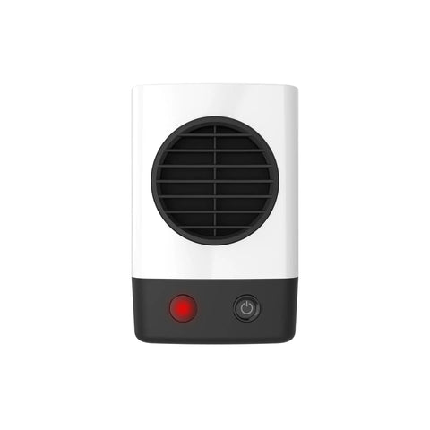 Front view of Your Own Mini Personal Ceramic Space Heater For Home And Office, 400W Quick Heat, Energy Efficient, Overheat Protection, Compact 6.2 Inch White Desk Heater For Bedrooms, Workstations, And Small Spaces showing controls.
