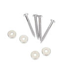 Set Of 4 Chrome Guitar Neck Joint Ferrule Bushings With Matching Screws, Zinc Alloy Replacement Parts, Durable And Easy To Install, Ideal For Replacing Worn Or Damaged Guitar Or Bass Hardware. Chrome ferrule bushings and screws set on white background