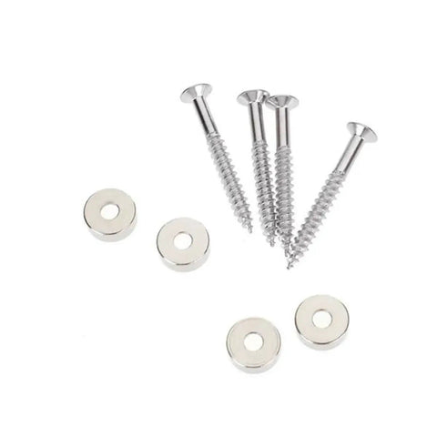 Set Of 4 Chrome Guitar Neck Joint Ferrule Bushings With Matching Screws, Zinc Alloy Replacement Parts, Durable And Easy To Install, Ideal For Replacing Worn Or Damaged Guitar Or Bass Hardware. Chrome ferrule bushings and screws set on white background