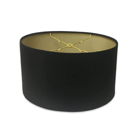 Shallow Oval Hardback Lamp Shade Top 12 By 8 Inches Bottom 14 By 10.5 Inches Height 8.5 Inches Black Silk Type Exterior With Premium Gold Lining V Notch Fitter For 6 And 8 Inch Reflector Bowls.