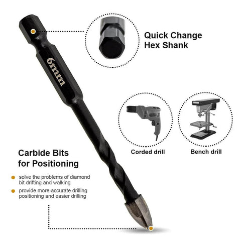 Side view of SHDIATOOL dry diamond drill bit with quick-change hex shank, 6mm diameter