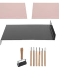 10 Piece Rubber Stamp Carving Block Set With Ink Roller And Tools For Linocut Printing Easy To Use Soft Carving Blocks For Detailed Stamps And Craft Projects. Set with pink blocks, black mat, roller, and carving tools