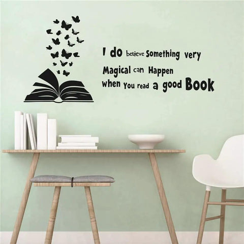 Reading Book Wall Decal Open Book With Butterflies And Inspiring Quote For Kids Study Room Bedroom Decor Black Vinyl Peel And Stick 60x28 Inches Perfect For Kids Room Nursery