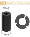 Router collet reducer 1/2 to 1/4 inch shown in side and top view for use with Pro Grade CNC Spoilboard Surfacing Router Bit 1 Quarter Inch Shank