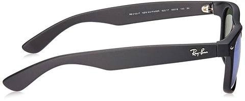 Side view of Unisex RB2132F New Wayfarer Low Bridge Fit Dope Sunglasses With Crystal Lenses, featuring black rubber frame and blue lenses.
