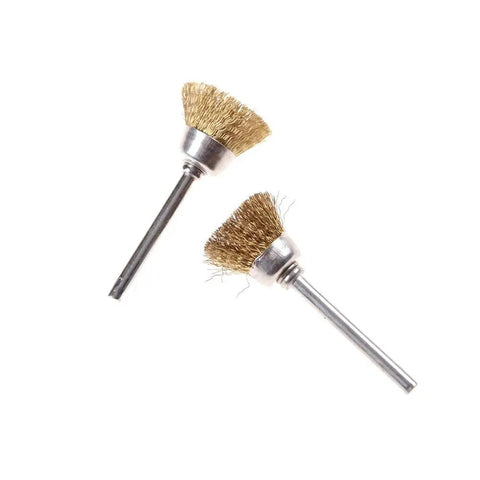 Top Shelf Two Pack Brass Wire Brush Bits Bad Boy Rotary Tool Bits For Dremel And Garage Drills with fine bristles for metal buffing.