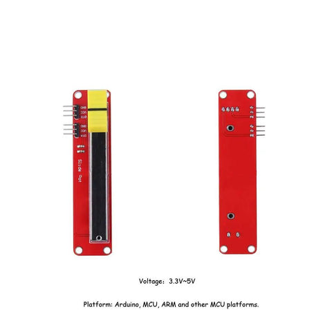 Two Pack 10K Linear Slide Potentiometer Module With Dual Analog Outputs For Arduino And MCU Projects 3.3V To 5V Compatible Compact 90 By 20 Millimeter Lightweight 20 Grams, top and bottom view.