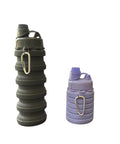 Two Pack Collapsible Silicone Water Bottles 500ml Each in grey and purple, with mountaineering buckles, collapsed and expanded view.