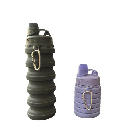 Two Pack Collapsible Silicone Water Bottles 500ml Each in grey and purple, with mountaineering buckles, collapsed and expanded view.