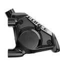 Close-up of Force eTap AXS HRD Shift And Brake Lever And Hydraulic Disc Caliper's black 2-piston rear hydraulic caliper.