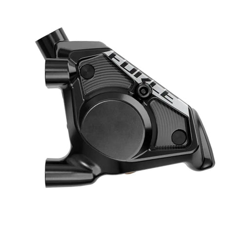 Close-up of Force eTap AXS HRD Shift And Brake Lever And Hydraulic Disc Caliper's black 2-piston rear hydraulic caliper.