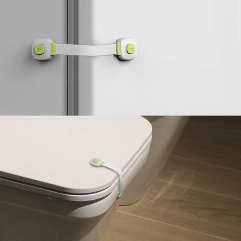Childproof Cabinet Locks 4 Pack With Adhesive Backing Safe Green ABS And PE Straps on fridge and toilet for safety