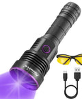 Ultra Bright 365nm UV Flashlight 36W USB C Rechargeable Black Light, protective glasses, USB C cable on white background.