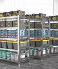Heavy Duty Stainless Steel Four Tier Storage Shelves With Brushed Commercial Grade Finish Built Like A Tank For Kitchen Pantries Garages And Warehouses Top Shelf Workspace Organizer Rack holding various storage bins.