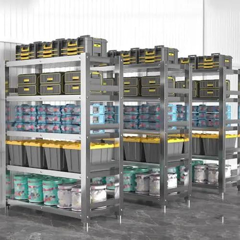 Heavy Duty Stainless Steel Four Tier Storage Shelves With Brushed Commercial Grade Finish Built Like A Tank For Kitchen Pantries Garages And Warehouses Top Shelf Workspace Organizer Rack holding various storage bins.