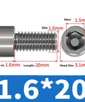 Premium TC4 Titanium Cup Head Hex Socket Machine Screws M1.6 Metric Fasteners 5 Pack side view showing dimensions and hex drive.