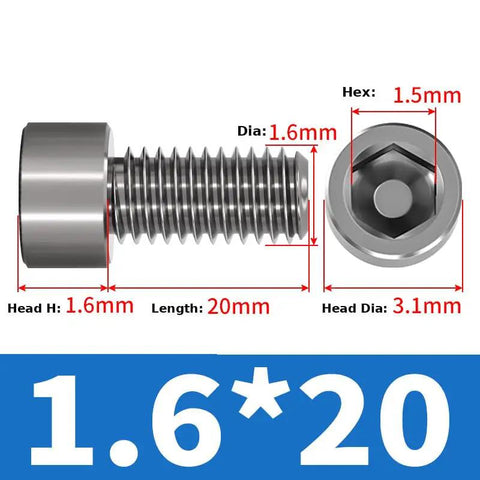 Premium TC4 Titanium Cup Head Hex Socket Machine Screws M1.6 Metric Fasteners 5 Pack side view showing dimensions and hex drive.