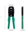 Front and side view of crimping pliers from All In One Five Piece Network Tool Set with measurements, high carbon steel, green handles.