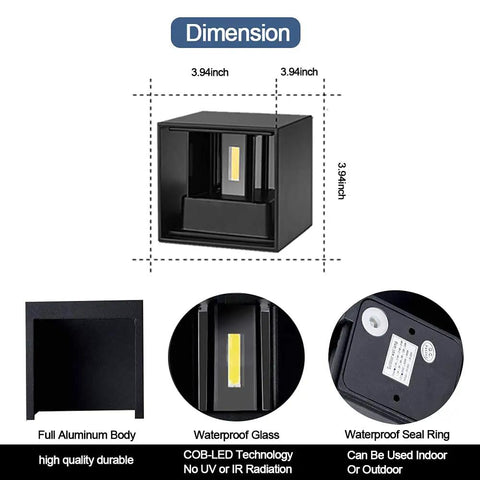 12W LED Wall Sconces Set of 2 Black Up and Down Square Wall Lamps dimensions and features display