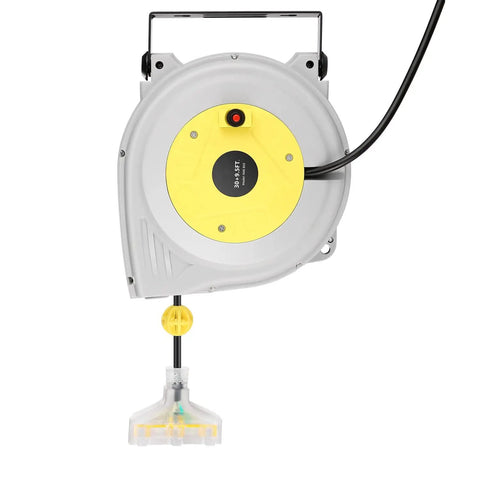 Long Reach Retractable Extension Cord Reel With 30 Foot Cord And 9.5 Foot Leader Ceiling Or Wall Mount 16 Gauge Power Cord