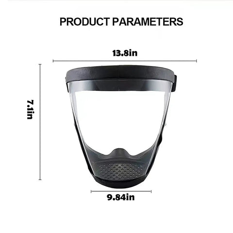 Crystal Clear Full Face Shield With Anti Fog Tech For Adults Black Lightweight Protection front view with dimensions