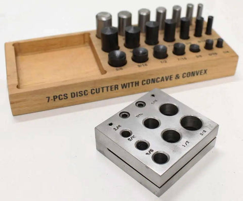 All In One 21 Piece Disc Cutter Set With Flat Convex And Concave Tops In Sizes From One Quarter Inch To Five Eighths Inch in Tray