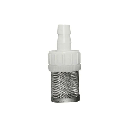 Top Shelf Heavy Duty Sediment Filter And Water Pump Protector For Drip Irrigation Rigs Built Tough Rust Proof No Sweat Install Premium Adapter Kit 10 Pieces, stainless steel filter with white barb fitting.