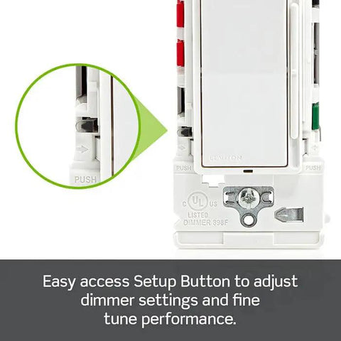 Smooth Ride Rocker Dimmer Switch For LEDs And Incandescents 150 Watt Single Pole Or Three Way Two Pack White showing setup button detail.