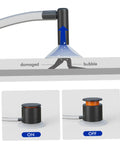 Diagram showing Vacuum Assisted Glass Repair Kit For Chips And Cracks On Windshields, vacuum tool detail with ON/OFF buttons, clear resin application.