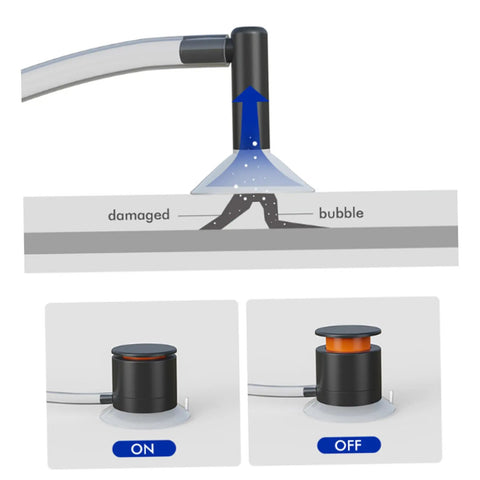 Diagram showing Vacuum Assisted Glass Repair Kit For Chips And Cracks On Windshields, vacuum tool detail with ON/OFF buttons, clear resin application.