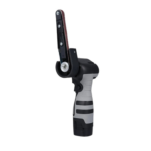Heavy Duty Electric Mini Belt Sander With Knockout Rubber Grip And Variable Speed For Smooth Wood Metal Polishing Includes Ten Sanding Belts For No Sweat Shop Grinding, side view.