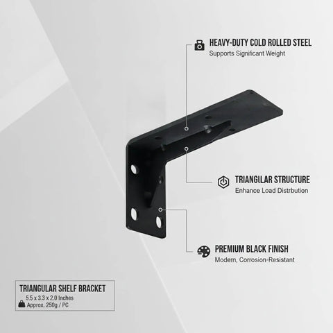 Built Tough Cold Rolled Steel Triangular Shelf Bracket For Floating Shelves And Wall Cabinets, Heavy Duty Black Finish, angled view