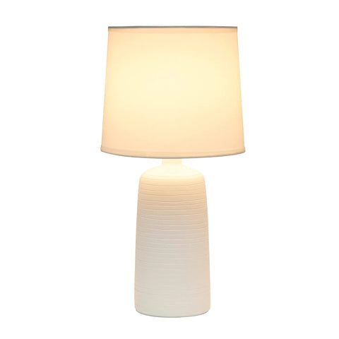 Textured Linear Ceramic Table Lamp In Off White With White Fabric Shade Pottery Style Cozy Vibe Uses 60W A19 Bulb 5 Foot Plug In Cord