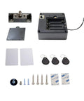 Easy Install RFID Electronic Cabinet Lock Hidden DIY Kit For Wood Cabinets And Drawers Includes 5 IC Cards And Tags Programmable Lock System Lets You Add Or Delete Cards And One Card Open Multiple Units, shown with components including lock body, RFID cards, keyfobs, screws, and tapes.