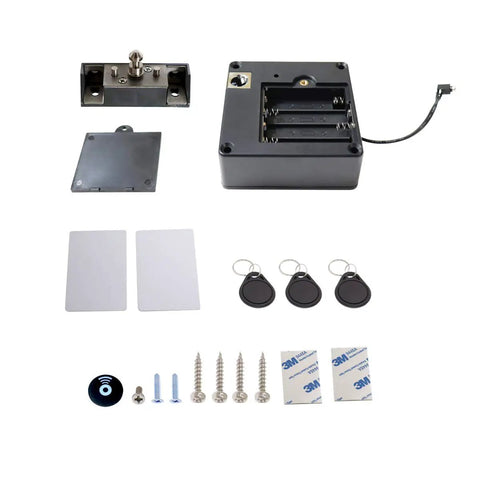 Easy Install RFID Electronic Cabinet Lock Hidden DIY Kit For Wood Cabinets And Drawers Includes 5 IC Cards And Tags Programmable Lock System Lets You Add Or Delete Cards And One Card Open Multiple Units, shown with components including lock body, RFID cards, keyfobs, screws, and tapes.