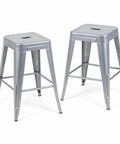 Moonlight Silver Metal Bar Stools Pair, 24 Inch Industrial One Piece Steel Counter Stools For Loft And Workshop