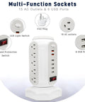 Diagram showcasing 15 Outlet Surge Protector Tower with USB Fast Charger, colorful LED light, and 6 USB ports for home office.