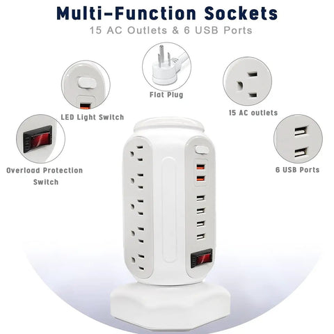 Diagram showcasing 15 Outlet Surge Protector Tower with USB Fast Charger, colorful LED light, and 6 USB ports for home office.