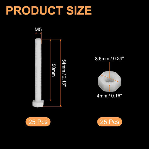 Product size details of Slick White Nylon M5 Hex Screw And Nut Set, 25 Pair M5X50mm bolts and nuts measurements.