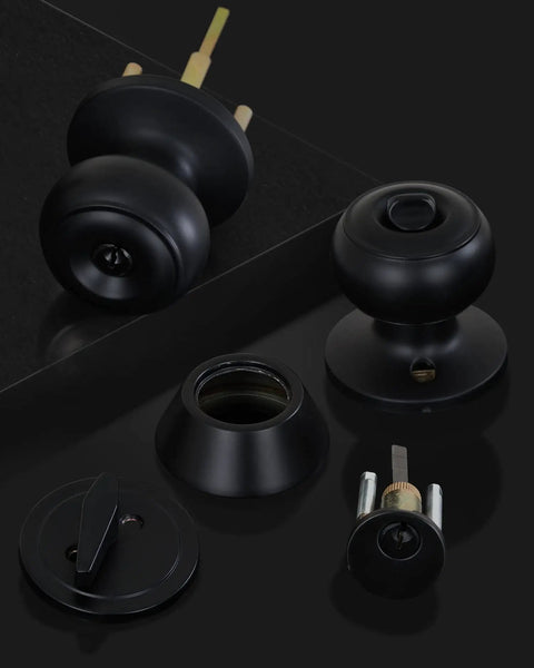 All Keyed Alike Entry Door Knob And Deadbolt Set For Front Door, matte black finish, stainless steel, disassembled view
