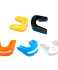 Five colorful sports mouth guards for youth and adults, double-sided gum shield ideal for various sports including teeth protection.