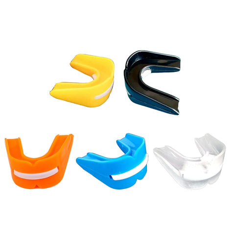 Five colorful sports mouth guards for youth and adults, double-sided gum shield ideal for various sports including teeth protection.