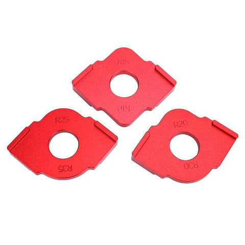 Heavy Duty Aluminum Router Template Jig And Precision Radius Corner Locator With Half Fillet Measuring Set Spanning R10 Through R35 Sizes for R10, R20, R25, R30, R35 radius templates.