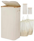 100L Collapsible Laundry Basket With Lid Waterproof Oxford Fabric Bamboo Frame With 2 Removable Laundry Bags Upgrade Lid Design