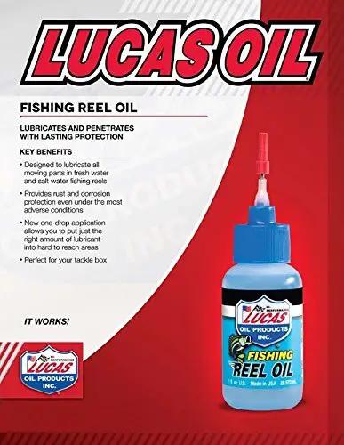 Lucas Oil fishing reel oil bottle with key benefits listed, featuring easy drip applicator for freshwater and saltwater reels.