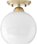 Carisa Collection 7 3/8 Inch One Light Flush Mount with vintage gold base and white glass globe, ideal for hallways and bathrooms.