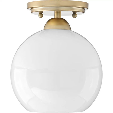 Carisa Collection 7 3/8 Inch One Light Flush Mount with vintage gold base and white glass globe, ideal for hallways and bathrooms.