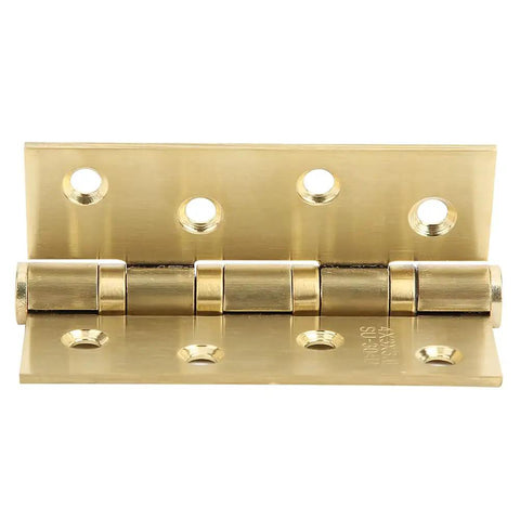 Rock Solid Heavy Gauge Stainless Steel Door Hinges With Hydraulic Buffering And Brushed Metal Hardware Built Tough For Dead Quiet And Butter Smooth Cabinet Swinging, shown in polished brass finish.