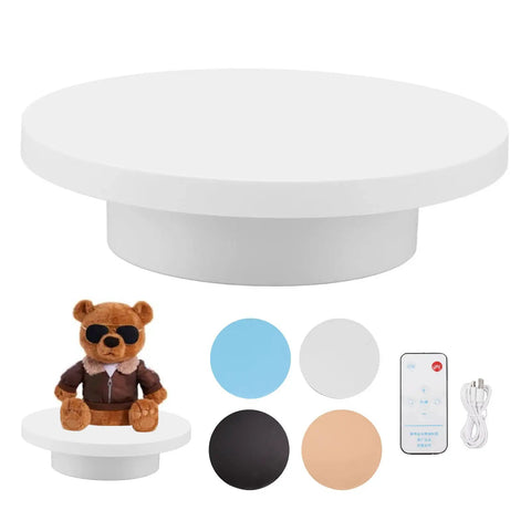 Heavy Duty Rotating Display Stand With White Plug In Remote Motorized Electric Turntable For 360 Degree Photography And Video Shoots featuring white base and bear toy.